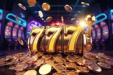 Jackpot seven slot machine casino game with gold coins falling winning gambling illustration luck chance 777