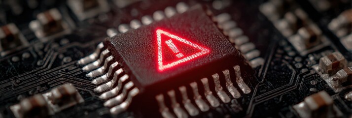 Burnt Microchip With Red Blinking Light and Warning Mark Indicating Malfunction in Electronic Device Components