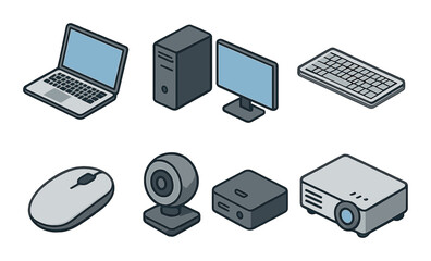 Office Devices Concept isometric set. Laptop, desktop computer, monitor, keyboard, mouse, webcam, docking station, projector