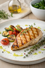 Grilled chicken breast served with mixed vegetables on a plate  