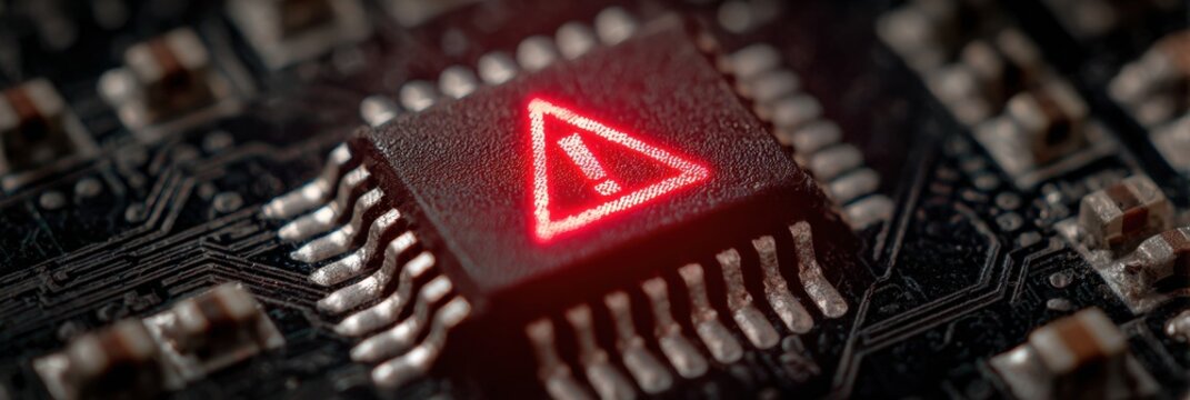 Burnt Microchip With Red Blinking Light and Warning Mark Indicating Malfunction in Electronic Device Components