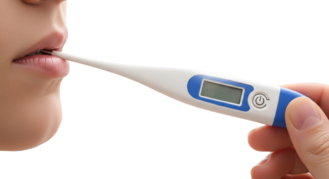 Close-up of a person using a digital thermometer orally. The thermometer is white and blue with an LCD screen and power button, demonstrating home health care and temperature monitoring.