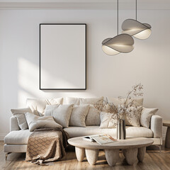 Plakat Frame mockup, ISO A paper size. Living room wall poster mockup. Interior mockup with house background. Modern interior design. 3D render 