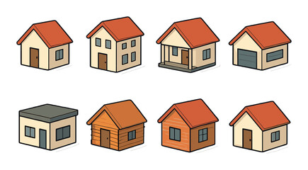 Residential home icons isometric set. classic house, two-story home, cottage, suburban home, modern villa, wooden cabin, brick house, small bungalow