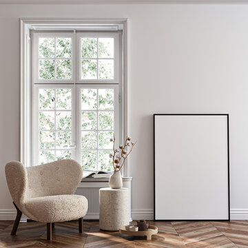 Frame mockup, ISO A paper size. Living room wall poster mockup. Interior mockup with house background. Modern interior design. 3D render
