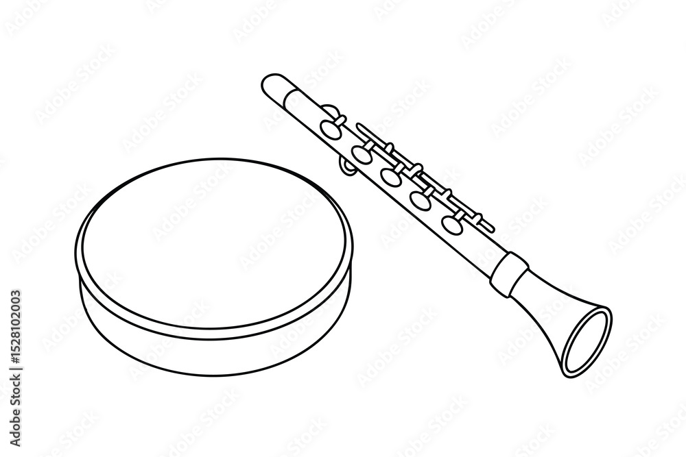 Poster line drawing of a clarinet and a round container