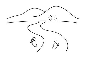 Simple line drawing footprints winding path landscape