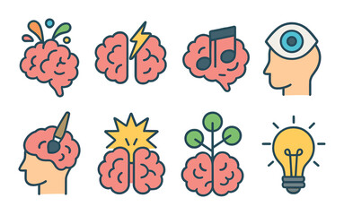 Creative Thinking Concept isometric set. Brain with paint splashes, brainstorming lightning, music brain, visual imagination, artistic mind, idea explosion