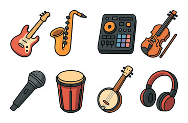 Genres of music isometric set. rock guitar, jazz saxophone, EDM controller, classical violin, hip hop mic, reggae drum, country banjo, pop star headset