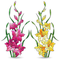 Set of illustrations in stained glass style with bouquets of gladioli flowers, isolated on a white background