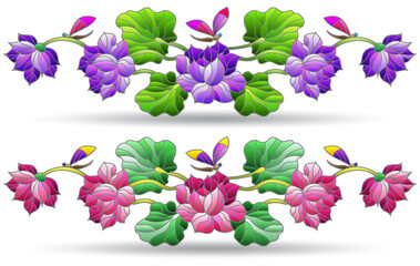 A set of stained glass illustrations with flowers, lotus flower leaves and dragonflies, isolated on a white background
