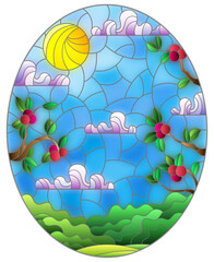 Illustration in stained glass style with a summer landscape , Apple tree branches, Sunny sky and clouds, oval image