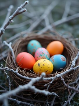 Colorful Easter eggs in a nest. Brightly speckled eggs in a natural nest rest amidst frost-covered branches in springtime.