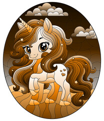 A stained glass illustration with a cute cartoon unicorn on a cloudy sky background, tone brown