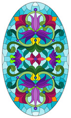 Illustration in stained glass style with abstract flowers, leaves and curls on a blue background,  horizontal oval image