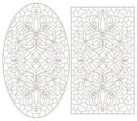 Set contour illustrations of stained glass with abstract swirls and flowers , horizontal orientation