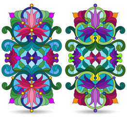 A set of illustrations in a stained glass style with abstract botanical elements, isolated on a white background