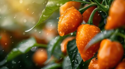A close-up of orange peppers glistening with raindrops, capturing the beauty of nature and freshness, evoking feelings of vitality and abundance in a garden setting.