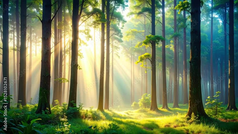 Poster sunlit forest: a vibrant and inviting forest, bathed in sunlight filtering through the canopy of tal