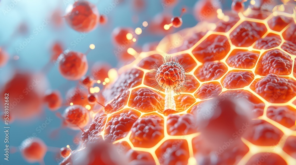 Aufkleber a close-up digital drawing of a virus infecting a cell, showing hexagonal cell structure with viral 