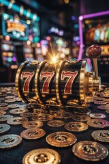 Triple sevens jackpot slot machine casino gambling game winner lucky coins wealth chance risk win money