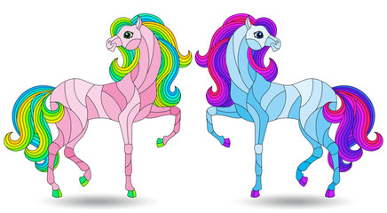 A set of stained glass illustrations with cute horses, isolated animals on a white background