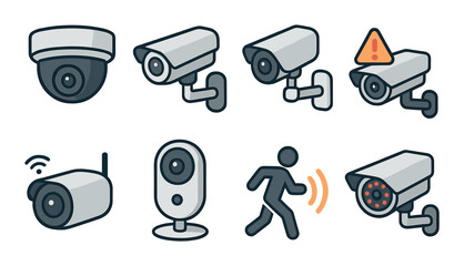 Security camera icons isometric set. dome camera, bullet camera, camera on wall mount, CCTV with alert, wireless surveillance cam, smart home cam, motion