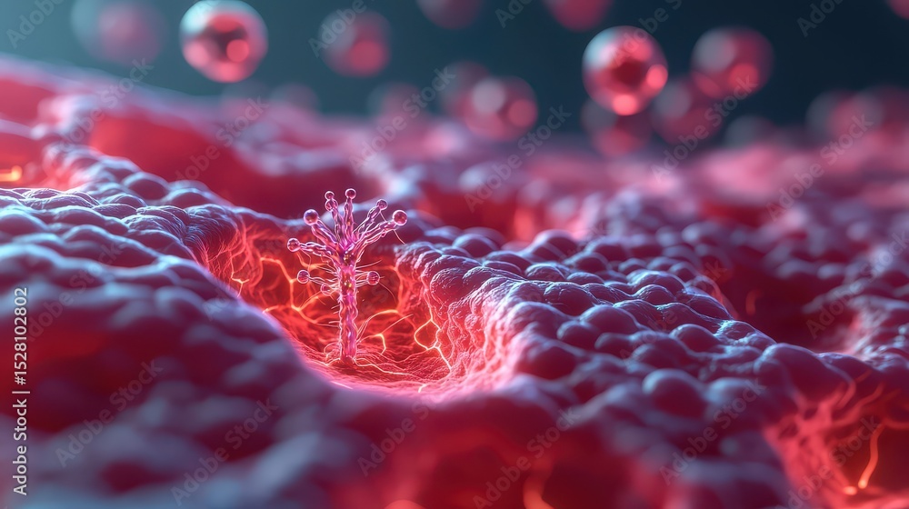 Poster a three-dimensional drawing of a virus particle infecting human cells, highlighting viral structure 