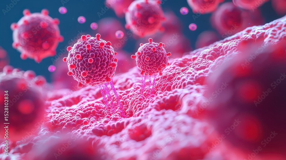 Aufkleber close-up three-dimensional drawing of virus particles attaching to a cell surface, depicting viral i