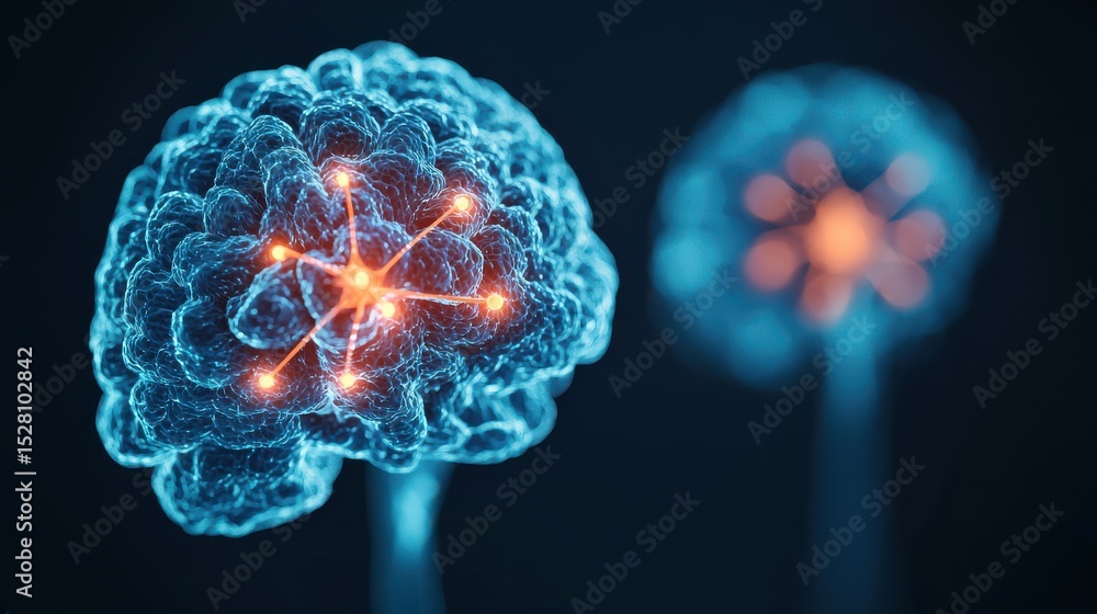 Poster a glowing, digital representation of a human brain with neural connections illuminated in orange, hi