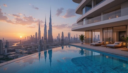 Dubai's modern, luxurious architecture, a chic penthouse apartment with a big balcony and a swimming pool, a sunset view of the city skyline with skyscrapers, and a backdrop of famous, iconic towers. 