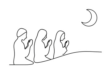 Muslim family praying under night moon line drawing