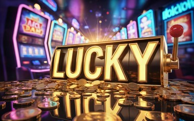 Lucky casino slot machine gambling games and online casino game concept with golden coins and slot machines