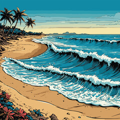 comic book style beach view vector illustration