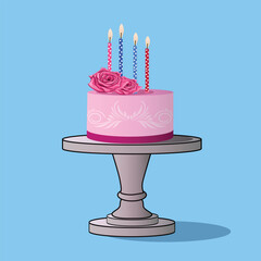 Creamy happy birthday pink cake with candle Vector Illustration