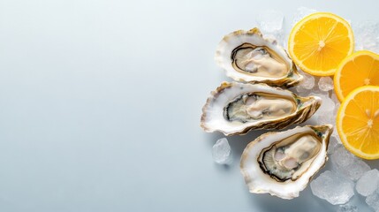 An appetizing arrangement of fresh oysters served on ice garnished with vibrant lemon slices, symbolizing gourmet dining and the ocean's bounty of flavors.