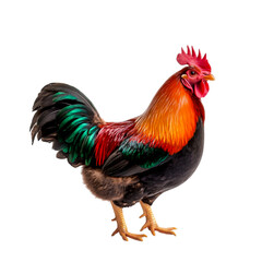 Fototapeta premium Colorful Rooster with Vibrant Feathers Standing Proudly in Farmyard Setting