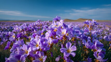 Obraz premium Amethyst Wildflowers Blooming Amidst Scenic Landscape with Clear Blue Sky and Sunlit Meadow