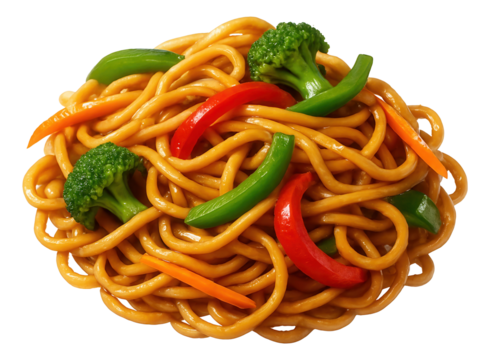 Stir-fried egg noodles with broccoli, red bell pepper, green bell pepper, and carrot strips on transparent background.