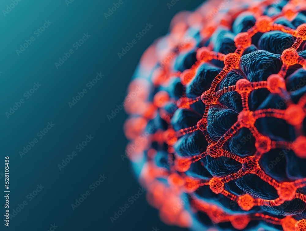 Aufkleber close-up three-dimensional drawing of a virus particle with a blue core and a red-orange lattice she