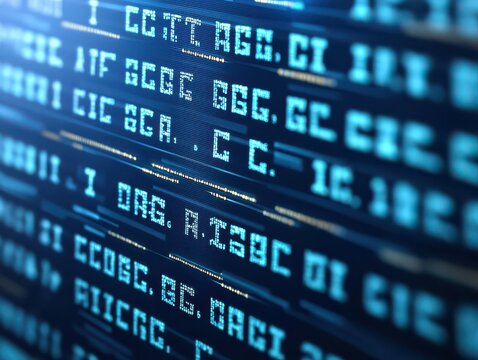 Close-up of a digital screen displaying lines of alphanumeric code in blue, representing data or programming information.