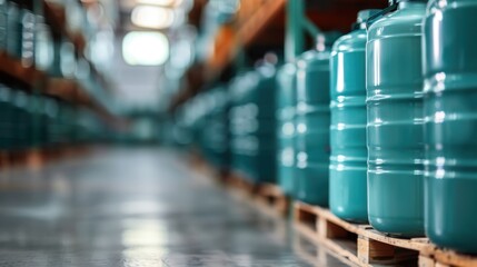 A row of teal storage containers neatly arranged on wooden pallets in a modern warehouse, showcasing an organized and efficient storage solution that is visually appealing.