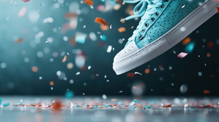 A vibrant sneaker jumping in mid-air surrounded by a flurry of colorful confetti, capturing a moment of celebration, joy, and dynamic movement in a lively environment.
