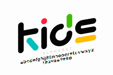 Plakat kids. Playful colorful original style font design, alphabet letters and numbers vector illustration
