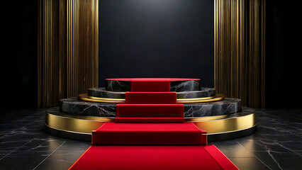 Elegant red carpet and stage with gold accents in a luxurious black background