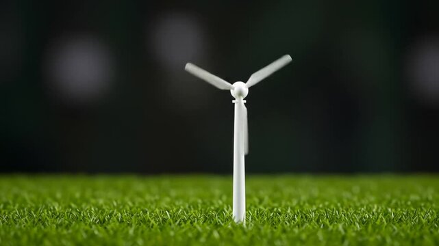Small white wind turbine on green grass