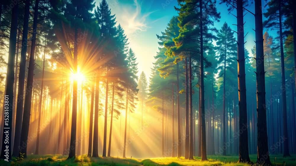 Poster sunlit forest canopy: sunlight streams through a majestic forest, illuminating the towering trees in