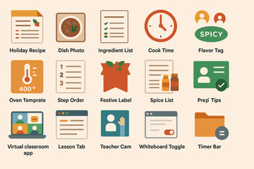 Fototapeta premium Collection of colorful cooking and educational icons for apps