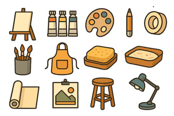 Art supplies collection: easel, paint tubes, palette, brushes, and more on yellow background