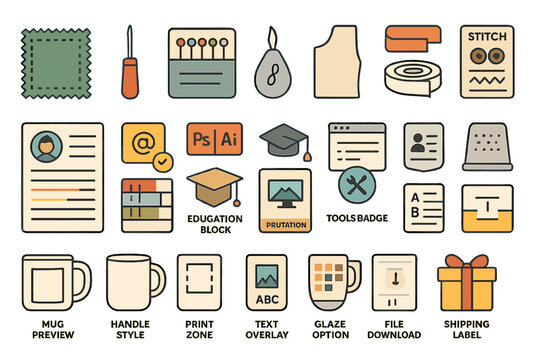 Creative icon set: design tools, education, file management, and mugs